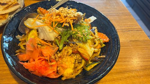 Udon pad Thai with vegan duck. Incredible!  at Cookatoo Kitchen in Richmond