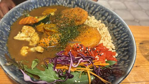 Japanese curry with Korroke and brown rice   at Cookatoo Kitchen in Richmond