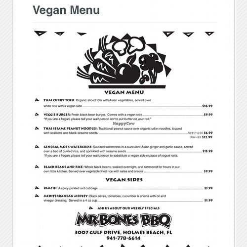 Vegan Menu at Mr Bones BBQ in Holmes Beach