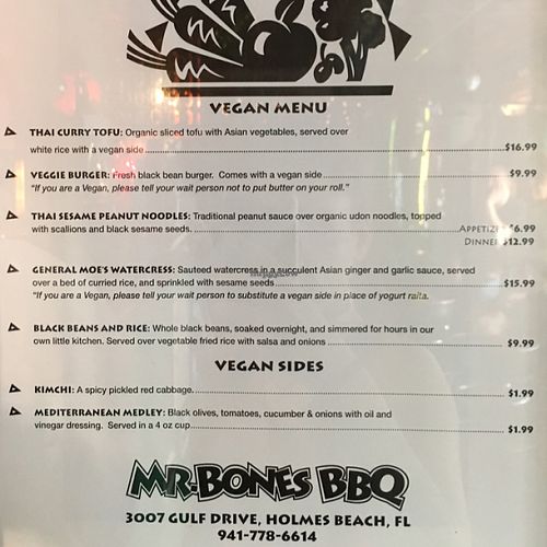 The menu. at Mr Bones BBQ in Holmes Beach