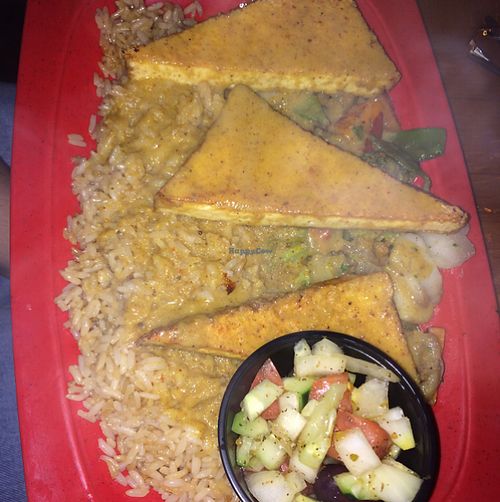 tofu with rice, veggies and mediterranean side dish at Mr Bones BBQ in Holmes Beach