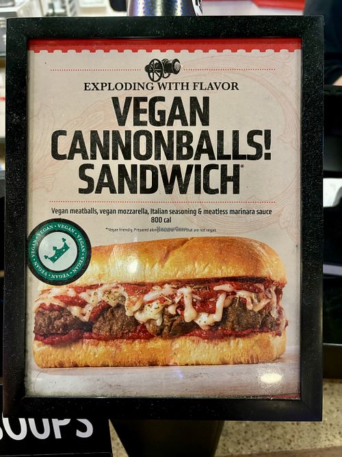 Vegan Cannonballs! Sandwich sign displayed prominently at the cash register   at Earl of Sandwich - Planet Hollywood in Las Vegas