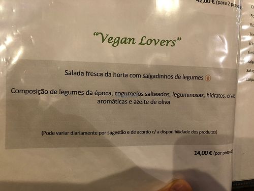 Vegan menu  at Carvalho in Chaves