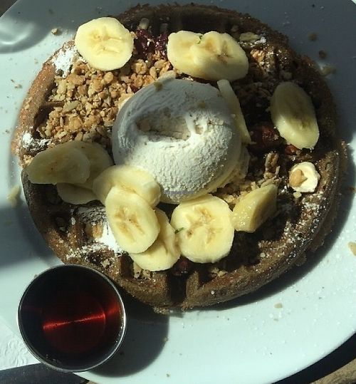Walnut meatloaf and hollandaise; blue corn waffle with vanilla ice cream, house granola, pure maple syrup and hazelnuts at A N D Cafe in Portland