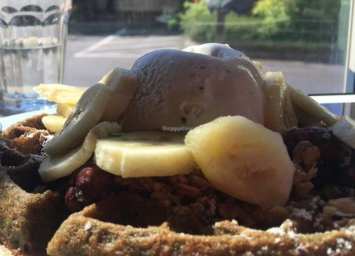 Blue corn waffle, ice cream, granola, pure maple at A N D Cafe in Portland