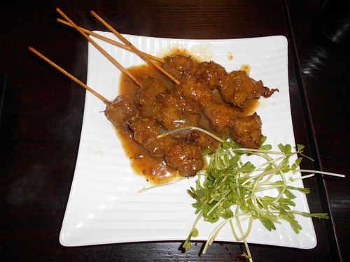 Lamb skewers w. satay sauce $38HKD > very good!   at Ying Vegetarian in Kowloon