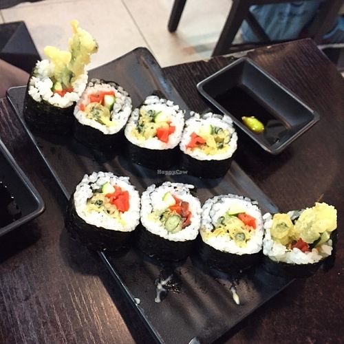 "Soft shell crab" rolls. It's actually deep-fried veggie. It's crunchy inside the sushi rice.  at Ying Vegetarian in Kowloon