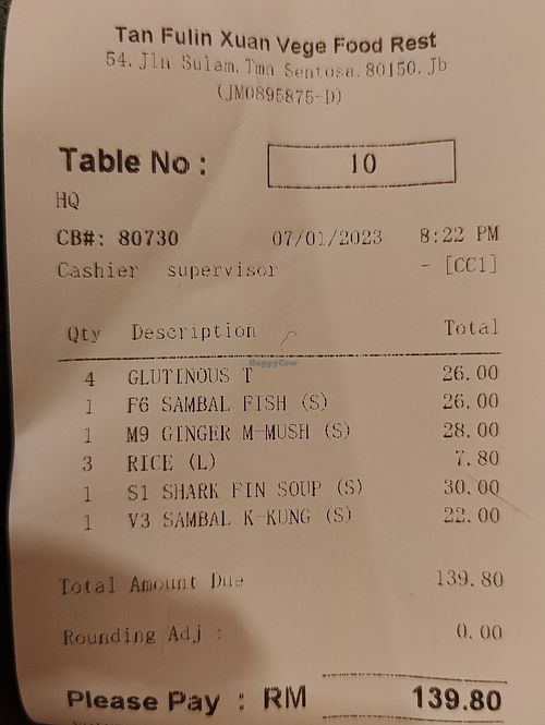Receipt at Fulin Xuan Vegetarian 福临轩 in Johor Bahru