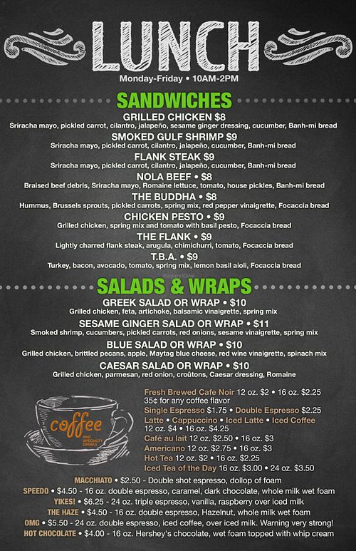 Menu for lunch M-F 10am-2pm at Poeyfarre Market in New Orleans