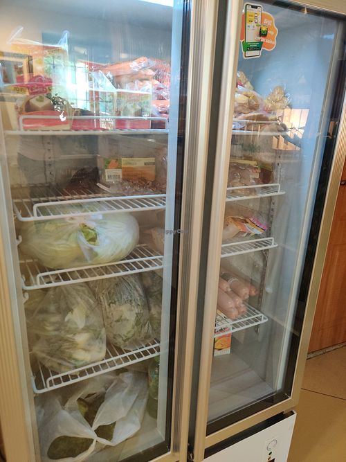 Fridge with vegan meats at Loving Hut - Tsagaan Khaalga in Ulaanbaatar