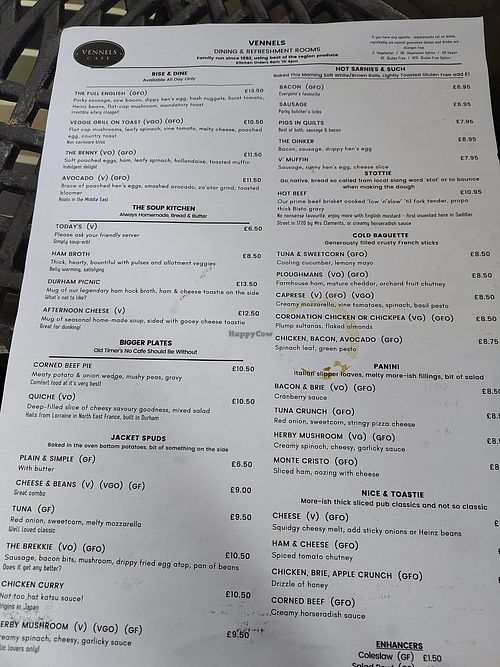 Menu spring 2025 at Vennels Café in Durham