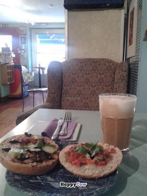 Vegan bagel & soya latte. at Hugos Kaffe in Uppsala