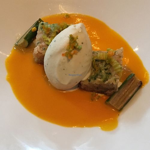 zucchini blondie with rosemary ice cream and squash blossom gazpacho at Vedge in Philadelphia
