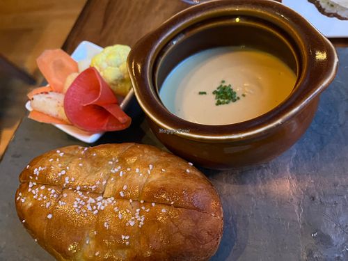 Rutabaga Fondue with today’s soft pretzel & yesterdays pickles at Vedge in Philadelphia