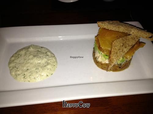 salt roasted gold beets, avocado, smoked tofu, rye, capers and creamy cucumber at Vedge in Philadelphia