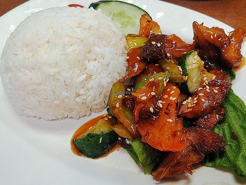 Sweet and sour monkey head mushroom with rice at Vegetarian Villas 素雅轩 in West Singapore