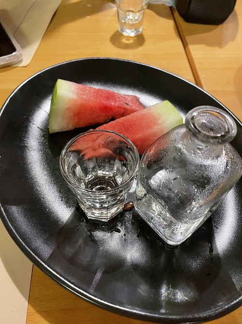 Ouzo and watermelon   at Kazoual Cafe & Restaurant in Crete