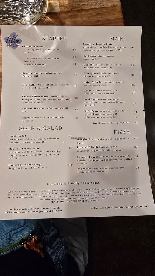 Menu at Lilla in Portland