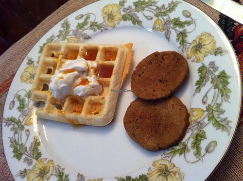 Waffles and sausage! at The Cherokee Rose Inn in Portland