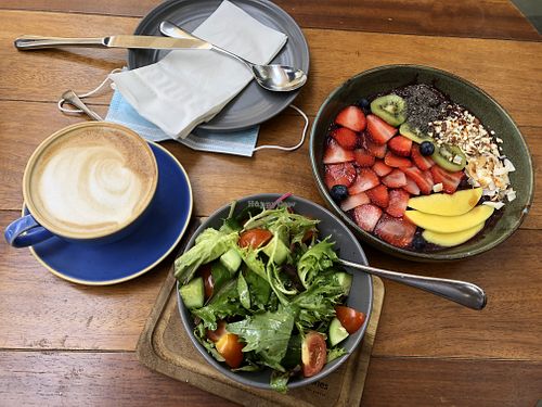 Vegan açaí bowl and oat latte   at Jones the Grocer - The Palm in Dubai