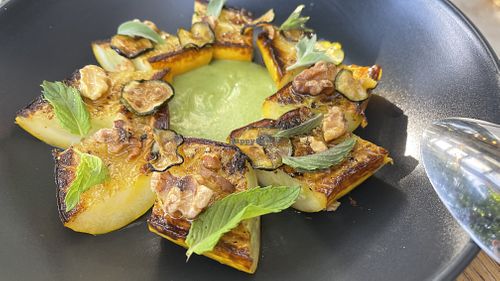 Grilled zucchini with zucchini chips and was that avo pure’?  at Folke in Vancouver