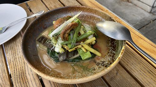 I can’t remember but those are dried apricots, beans and eggplant   at Folke in Vancouver