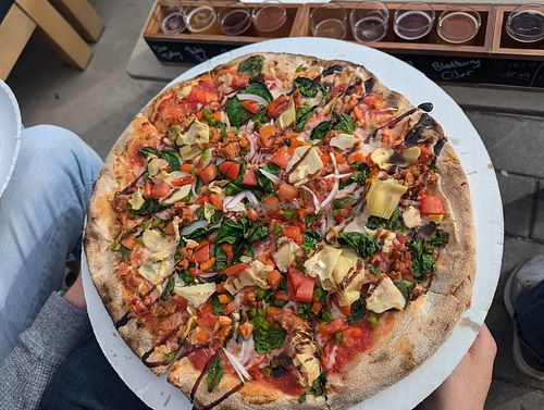 PB veg w/ vegan cheese + vegan sausage at Pizza Bros in Egg Harbor