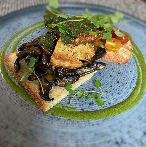 Vegan Smoked Tofu with Kale Pesto and mushrooms. Superb  at Ocho in Inveraray