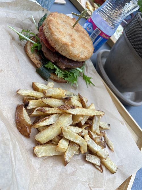 Vegan burger and bun with chips   at streat in Pecs
