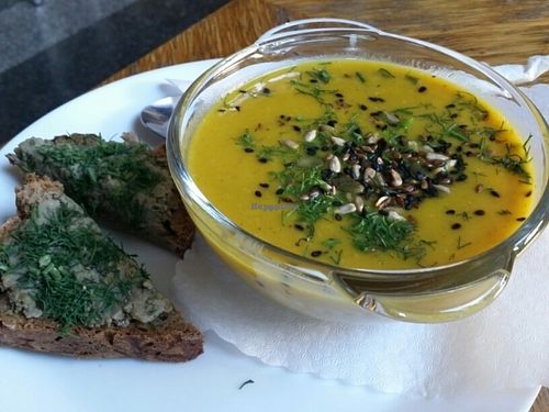pumpkin soup and bread at Vegedajnia Nalanda in Wroclaw