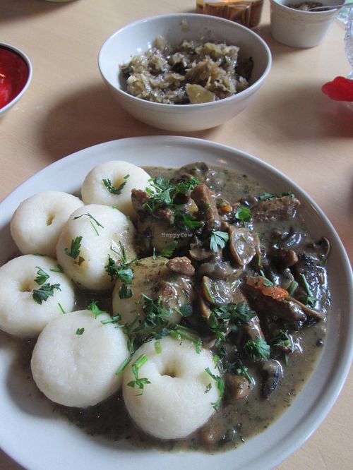 Goulash, potato dumplings and white cabbage with mushrooms at Vegedajnia Nalanda in Wroclaw
