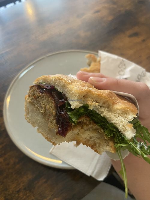 Vegan sausage and caramelised onion focacciaa  at Artisan Roast in Edinburgh