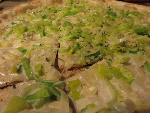 leek tarte flambee (vegan with soya sauce and no cheese) at Flammkuchenhaus in Saarbrucken