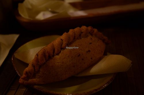 Vegan 'kibins', stuffed with soy meat and vegetables. at Vegafe - Augustijonu Str. in Vilnius