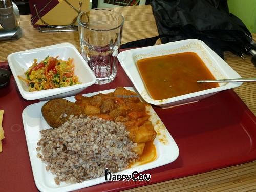 Dal, chicken curry with kasha, cous-cous salad, perogi at Rada & K in St Petersburg