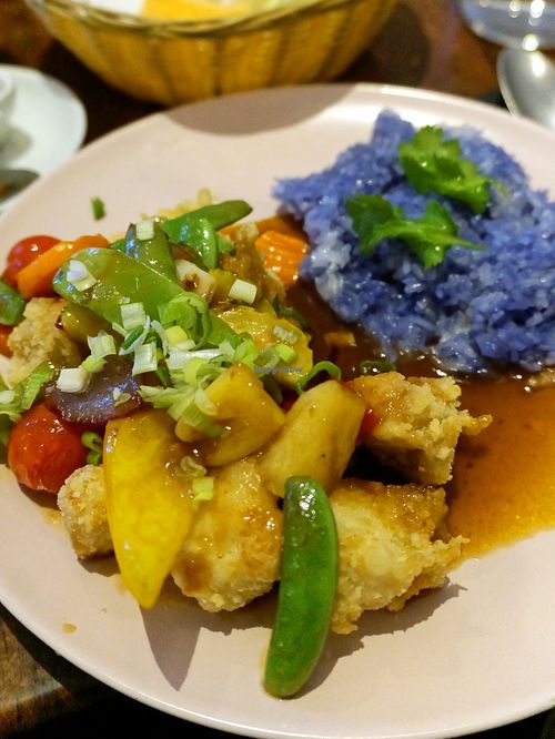Tamarind cauliflower w/ Blue rice at Plants of Roselyn in South East London