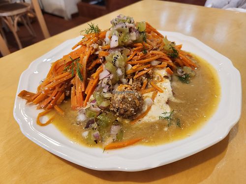 OMG I've never eaten anything like this!! Sourdough bread underneath, the sauce is some Middle East sour flavor, top with tofu cream, lentil balls, carrots and others OMG! at Rooted 루티드 in Seoul