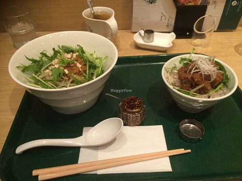Ramen set lunch. Ramen with cashew and soy meat. Soy meat and rice. Apple Lemonade Tea at T's Tantan - Tokyo JR Station in Tokyo