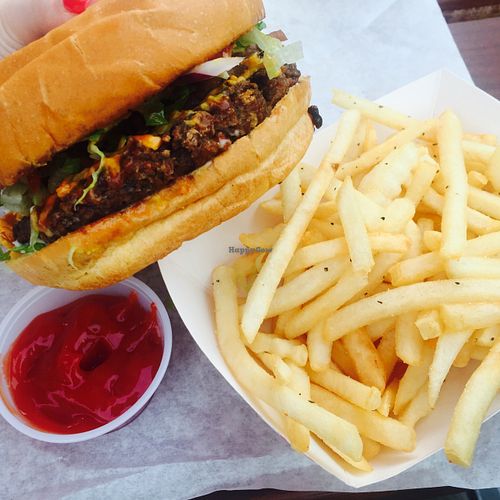 Bacon cheese burger with fries at Arlo's Food Truck - Cheerup Charlie's in Austin
