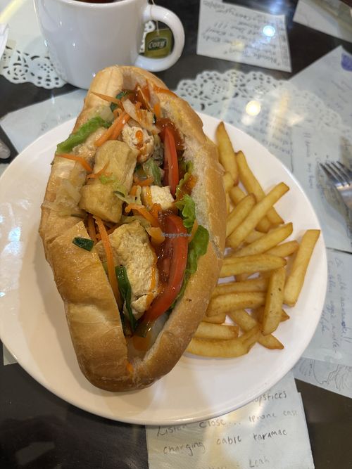 Bahn mi with tofu and chips (added chilli sauce)  at Father Cooking Restaurant in Tam Coc