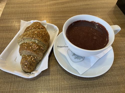 Strawberry marmalade croissant and soy milk hot cocoa   at Nonna Pallina Pasticceria Gelateria Artigianale in Palmanova