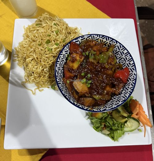 Jamaican vegetables with noodles (not sure if noodles are vegan?)  at YOSH in Serrekunda
