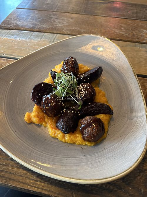 Smoked bbq soya meatballs on sweet potato pureé  at Ravintola Ehta in Kuopio