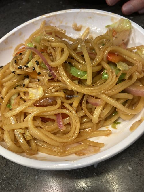 Yakisoba noodles in tangy sauce (tasted like ketchup to me)  at LHR - YO! Sushi - T3 in West London