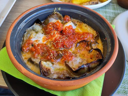 Eggplant with feta and tomatoes at Veganissimo in Santorini