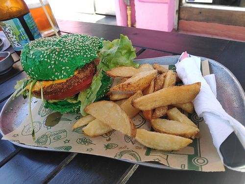 Vegan milanesa burger at Aca Esta La Papa in Buenos Aires