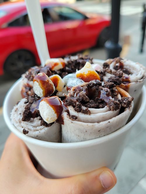 Coconut ice cream rolls with oreos, chocolate sauce, and mochi at Absolute Zero Ice Cream in Montclair
