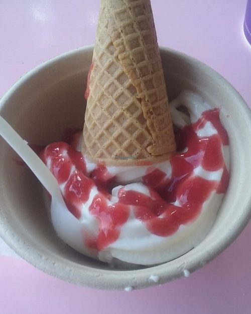 Vegan vanilla soft serve with natural strawberry sauce at Sweet Ritual in Austin