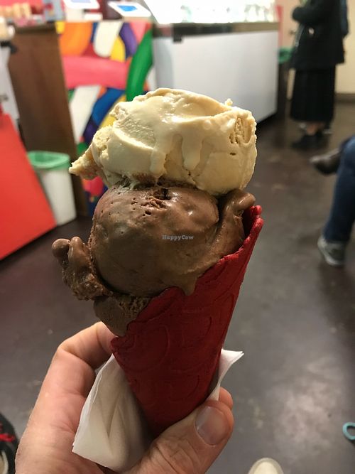 Two scoops in a red velvet cone  at Sweet Ritual in Austin