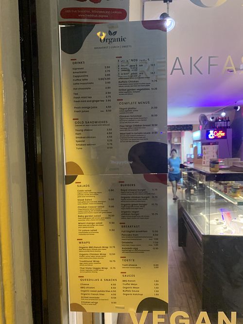 Menu  at Organic in Amsterdam